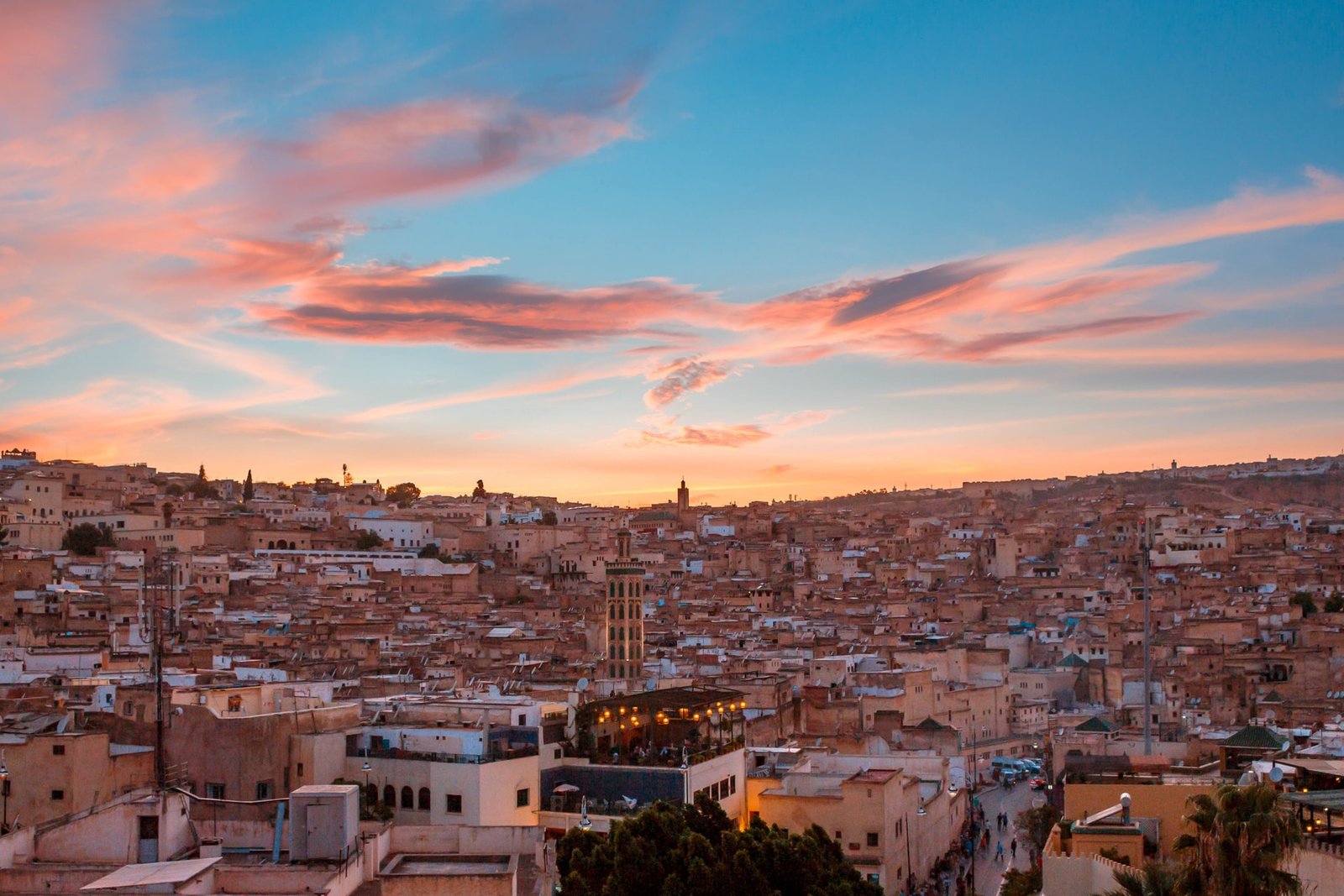 Koutoubia mosque and Marrakech rooftops at dusk